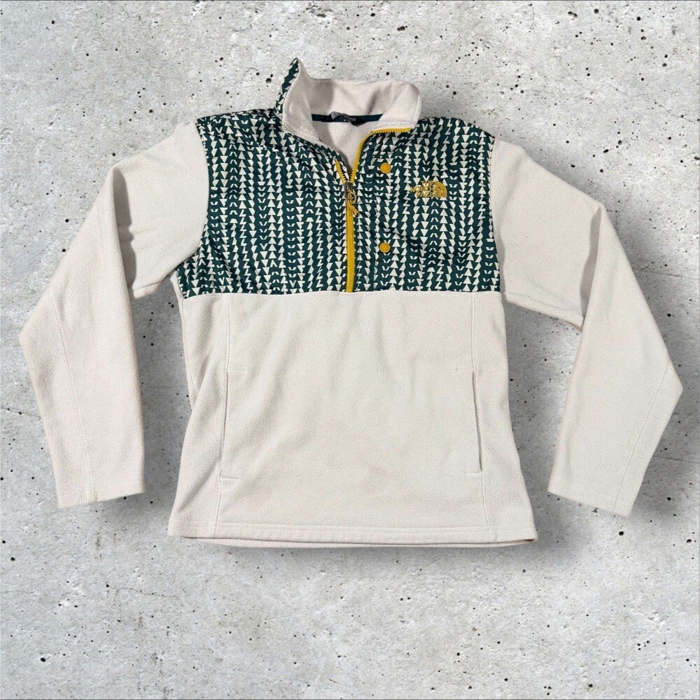 The North Face 1/4 Zip Fleece Jacket Mens S Cream Green Aztec Pattern Pullover